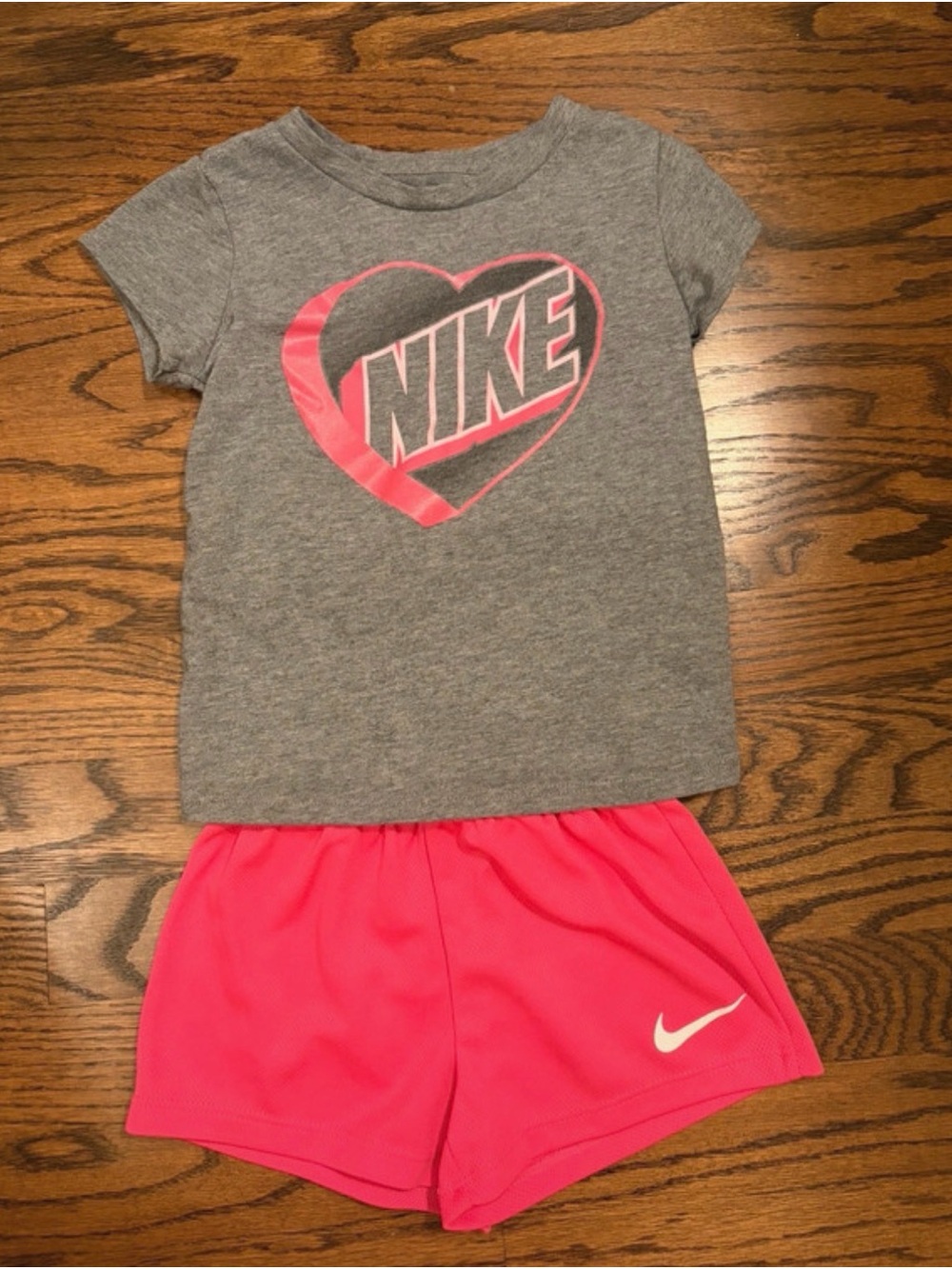 Nike Gray Tee with Pink Heart Logo & Bright Pink Shorts Set